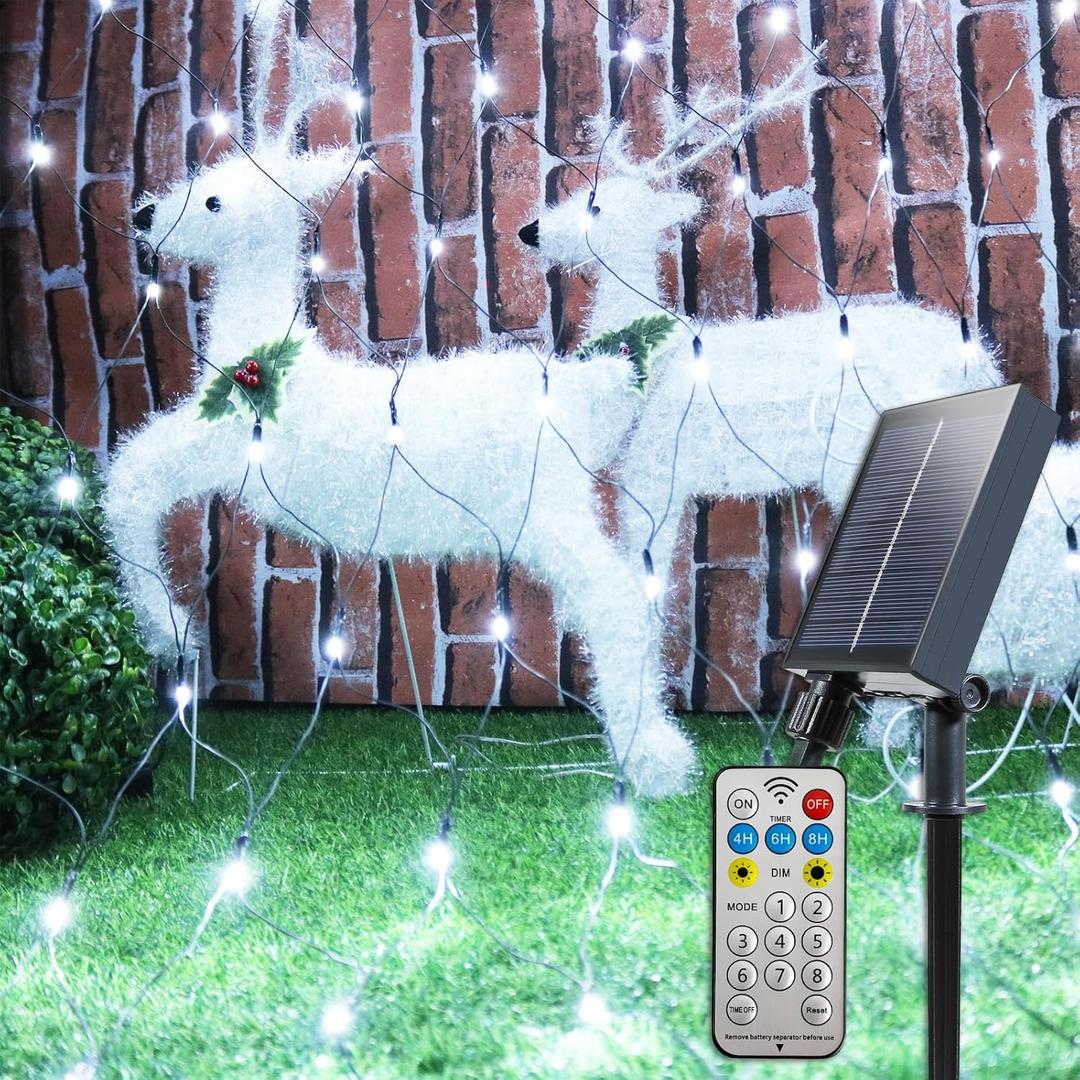 YAOZHOU Solar Christmas Net Lights Outdoor Waterproof, Cool White 208Led 9.9Ft*6.6Ft Mesh Lights 8 Modes with Timer,Solar Powered Christmas Decorations for Lawn, Bushes, Tree