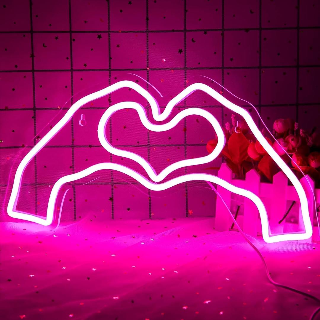 Pink Heart Neon Sign for Wall Decor, LED Heart Light for Girl's Room, Wedding & Party Decor - Size 16.1 * 7.9 Inch (JTLD024)