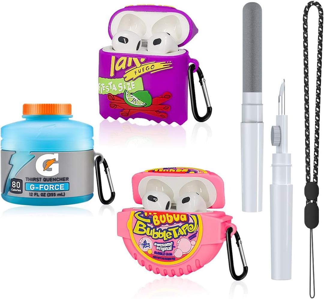 FGERWZ Cute Case for Airpods 3 Case 3-Pack, 3D Cartoon Kawaii Silicone Case for Airpods 3rd Generation Case Funny Food Design with Cleaner Kit/Keychain/Lanyard (Sport Water+Purple Potato+Bubble Gum)
