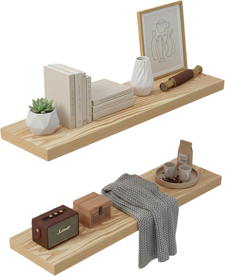 Lufia Floating Wall Shelves, Set of 2, MDF with Invisible Brackets, Modern Storage for Bedroom, Bathroom, Living Room, Kitchen (Oak, 28" W x 7" D x 1.5" H)