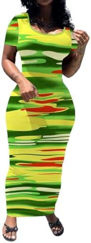 PINSV Women's Casual Bodycon Maxi Dress Summer Scoop Neck Short Sleeve Long Fitted Dresses Club Party, Large