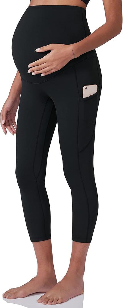 POSHDIVAH Women's Maternity Workout Leggings Over The Belly Pregnancy Yoga Pants with Pockets Soft Activewear Work Pants (Medium, Capri Black)