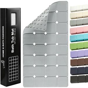 Yanzifly Non-Slip Silicone Bathtub Mat Foldable, Machine Washable, Durable & Eco-Friendly Bath & Shower Mat with Strong Suction Cups, Large Drain Holes, Ideal for Family Use, 14.9 x 27.5in, Grey