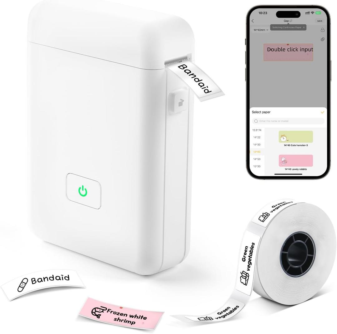 Label Maker Machine with Tape, HP2-S Portable Bluetooth Label Printer, Mini Wireless Labeler Makers with Multiple Templates, Fits Home, School, Office, Kitchen - White