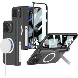 Phone Case for Google Pixel 9 Pro Fold Compatible with MagSafe Wireless Charger with Screen Protector Hinge Protection Kickstand Phone 360 Full Body Cover for Pixel 9 Pro Fold - Black