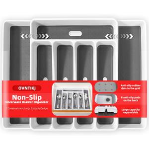 Non-Slip Expandable Silverware Drawer Organizer,7 Compartment Tasteless Large Capacity Thick Plastic Flatware Divider for Silverware, Stationery, Cosmetics  Minimalist Design and Premium Feel