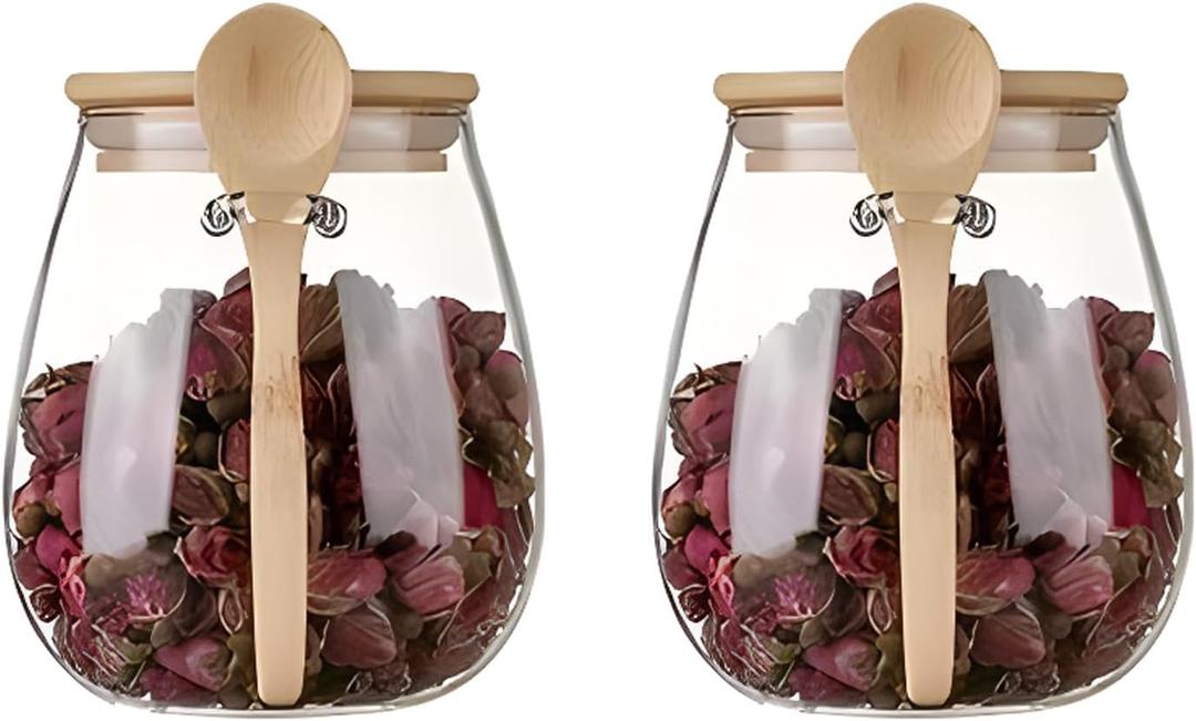 Airtight glass jar storage container with bamboo lid Set of 2, wide mouth, leak-proof, With a spoon, can be used for coffee beans, tea leaves, grains, dried fruits, etc (Middle)