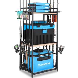 PLUSINNO 3 Tier Fishing Rod Holder, Fishing Pole Holders for Garage, Fishing Rod Rack Fishing Rod Storage Up to 8 Rods, Fishing Gear Tackle Box Fishing Equipment Organizers, Fishing Gifts for Men