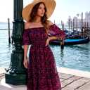 Women's Summer Boho Off Shoulder Midi Dress Ruffle Sleeve Smocked Elastic Waist Flowy Dresses (L)