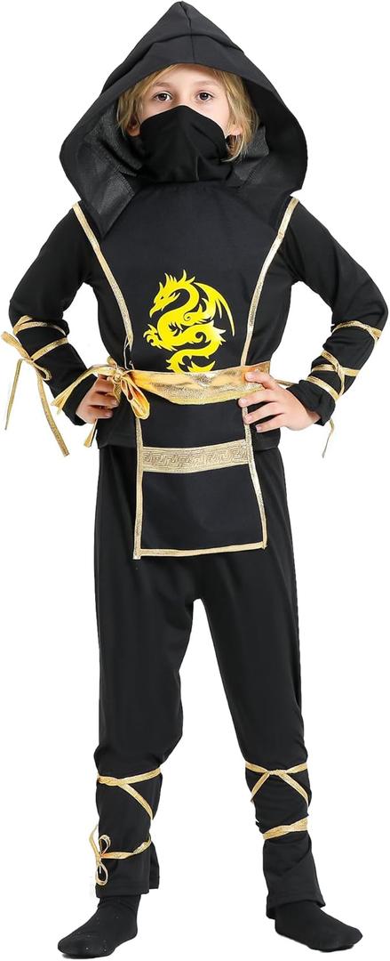 Kidukso Halloween Ninja Costume Dragon Pattern Ninja Outfit Cool Dress Up Role Play Costumes Sets, Gold L