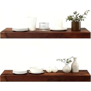 Solid Wood Floating Shelves,23.6in Finished Real Wood Wall Shelves with Heavy-Duty Hidden Bracket, Easy Installation, Set of 2, 23.6in x 7.1in x 1.5in, for Living Room Bedroom Kitchen,Walnut
