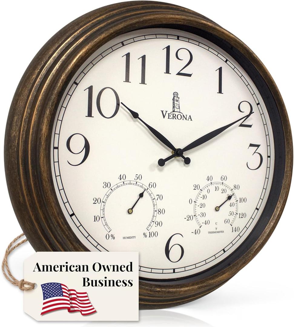 Outdoor Clocks for Patio Large Waterproof with Thermometer - 18 inch Indoor Outdoor Wall Clock with Temperature and Humidity Combo - Weatherproof, Accurate & Easy to Read for Pool, Garden & Home Decor