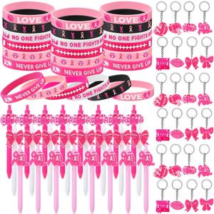 72/144 Pcs Football Breast Cancer Awareness Bracelets Gift Set Includes Pens Silicone Bracelets and Keychains for Football Accessories Pink Ribbon for Women Men Team Events Fundraisers Gifts