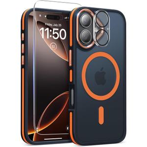 Magnetic 3 in 1 for iPhone 17 Case, [Omni-Directional Protection] with 1x Screen Protector + 1x Camera Cover, [Seamless Work with Magsafe] Translucent Protective Silm Phone Case for iPhone 17 Orange