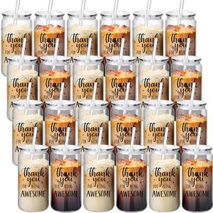 24 Set Thank You Gifts Employee Appreciation Gifts 16 oz Plastic Coffee Cups Bulk Reusable Inspirational Cups with Lid and Straw for Office Coworkers Valentines(Thank You), 5.51 X 2.76 inches