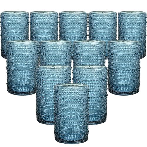 HomeVogue Vintage Hobnail Drinking Glasses Set of 12, 15oz Textured Tumblers - Embossed Blue Bar Glasses for Cocktails, Beer, Whiskey, Dishwasher-Safe Highball Cups for Kitchen, Juice & Mixed Drinks