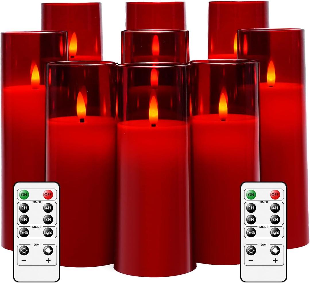 Flickering Flameless Candles Battery Operated with Remote and 2/4/6/8 H Timer Plexiglass Led Pillar Candles Pack of 9 (D2.3 xH5.5 6.5" 7.5") with Realistic 3D Wick Candles for Home Decor (Red)