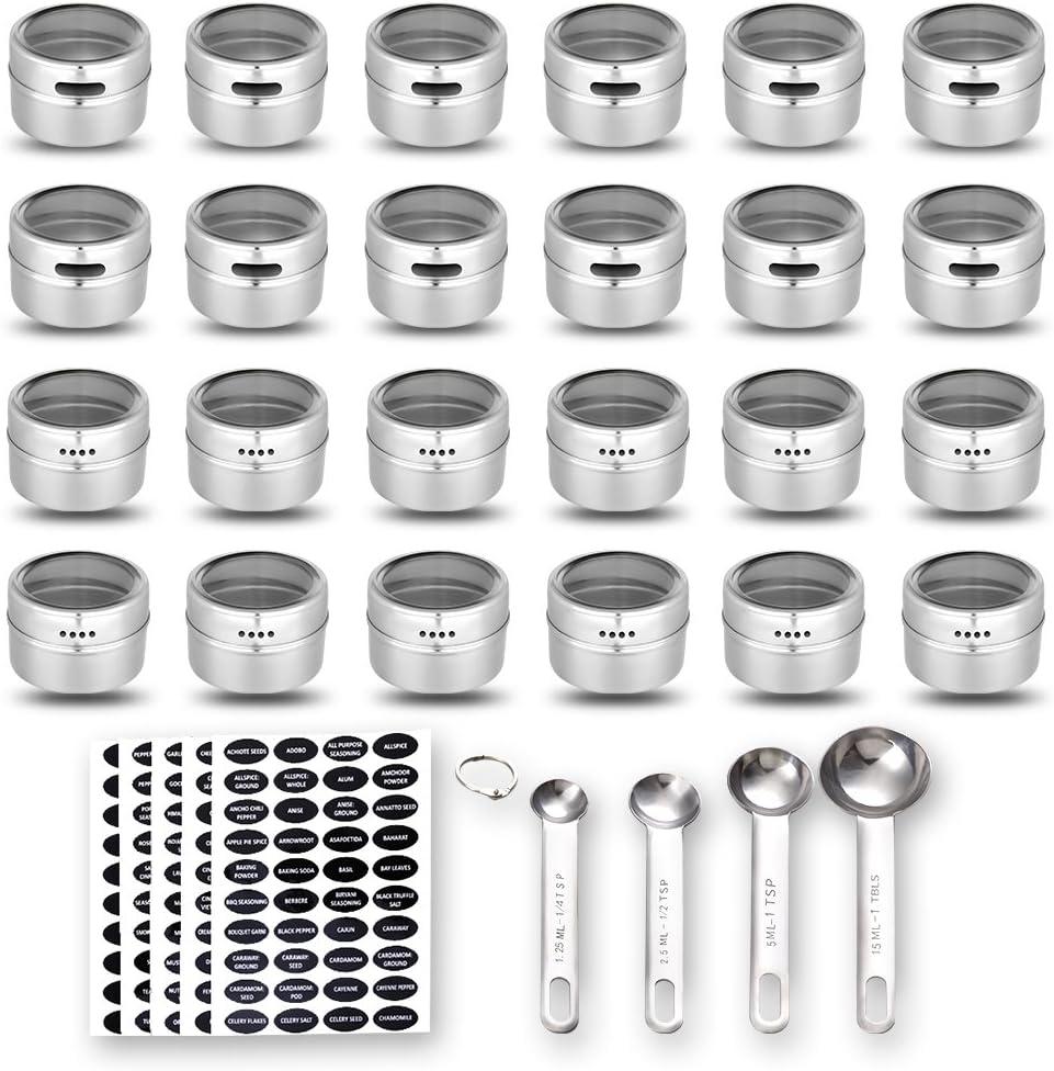24 Magnetic Spice Tins, 200 Spice Labels, 4 Stainless Steel Measuring Spoons Magnetic Spice Containers Organizer Storage Condiment Jar Set of 24, Clear Lid, Sift and Pour