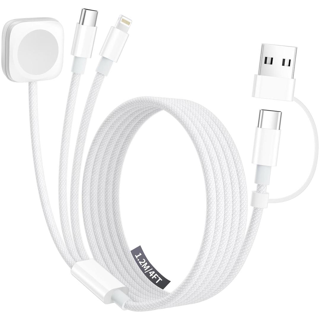 Travel Charger for Apple Watch, 3 in 2 Multi Charging Cable/Cord with Lightning/USB C/iWatch Charger, Travel Chargers for Multiple Devices, Compatible with iWatch Series/iPhone 17-8/iPad/AirPods 4FT (White)