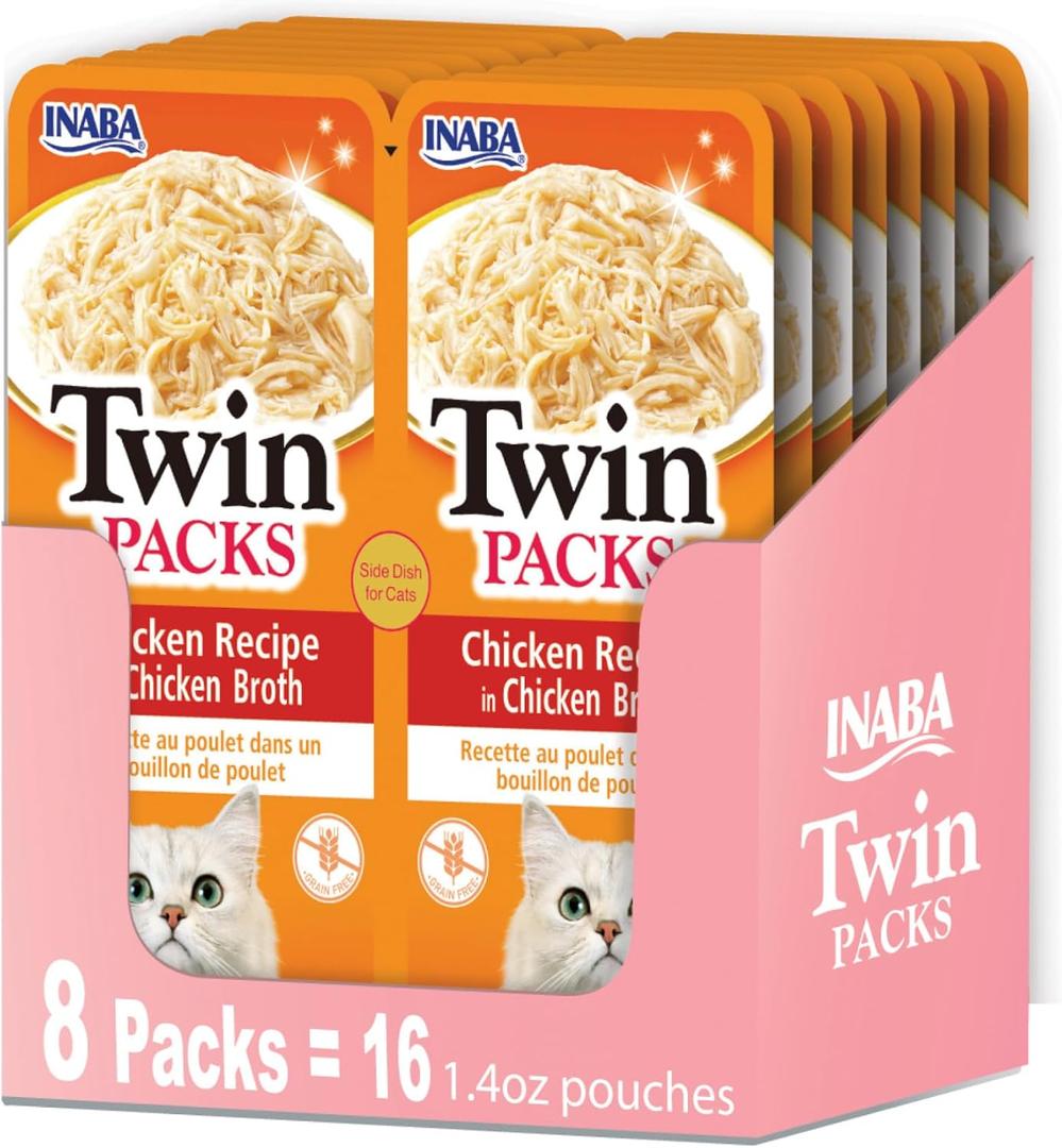 INABA Twin Packs for Cats, Side Dish/Topper Pouch, 1.4 Ounces per Serving, 16 Servings, Chicken Recipe in Chicken Broth (EXP 04/23/28)
