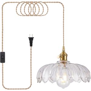 Plug in Pendant Light, Hanging Lights with Plug in Cord, Hanging Light Fixture with Green Glass, E26 Pendant Lighting for Kitchen Island, Bedroom, Dining Room-Clear