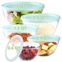 YUANYE 5 Pack Glass Mixing Bowls with Lids Set (5/2.5/1.5/0.9/0.6QT), Thick Glass Large Salad Bowl Set, Nesting Kitchen Bowls for Serving, Prepping, Cooking and Baking, Dishwasher,Oven,Microwave Safe