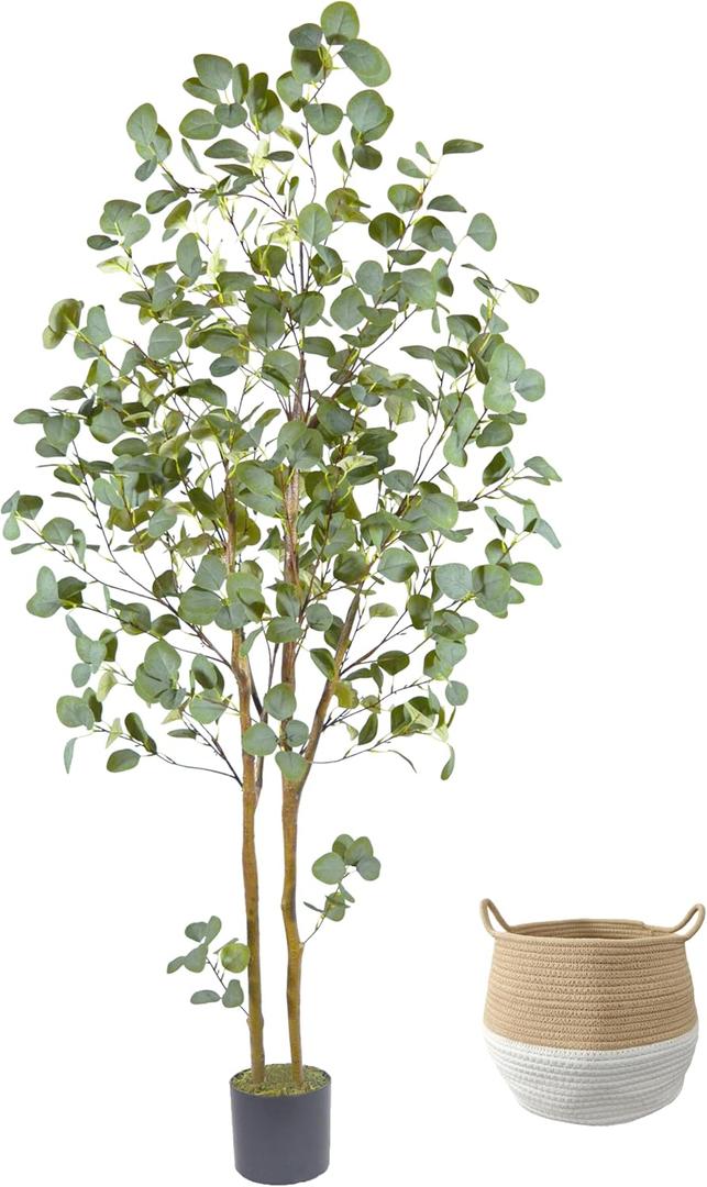 Artificial Eucalyptus Tree, 6ft Tall Faux Eucalyptus Plant with Basket for Home Office, 72'' Fake Tree for Indoor Outdoor Livingroom Garden Floor Décor