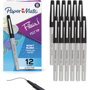 Paper Mate Flair Felt Tip Pens, Ultra Fine Point (0.4mm), Black Ink, 12 Count - Office Supplies, No Bleed, For Precise and Expressive Writing