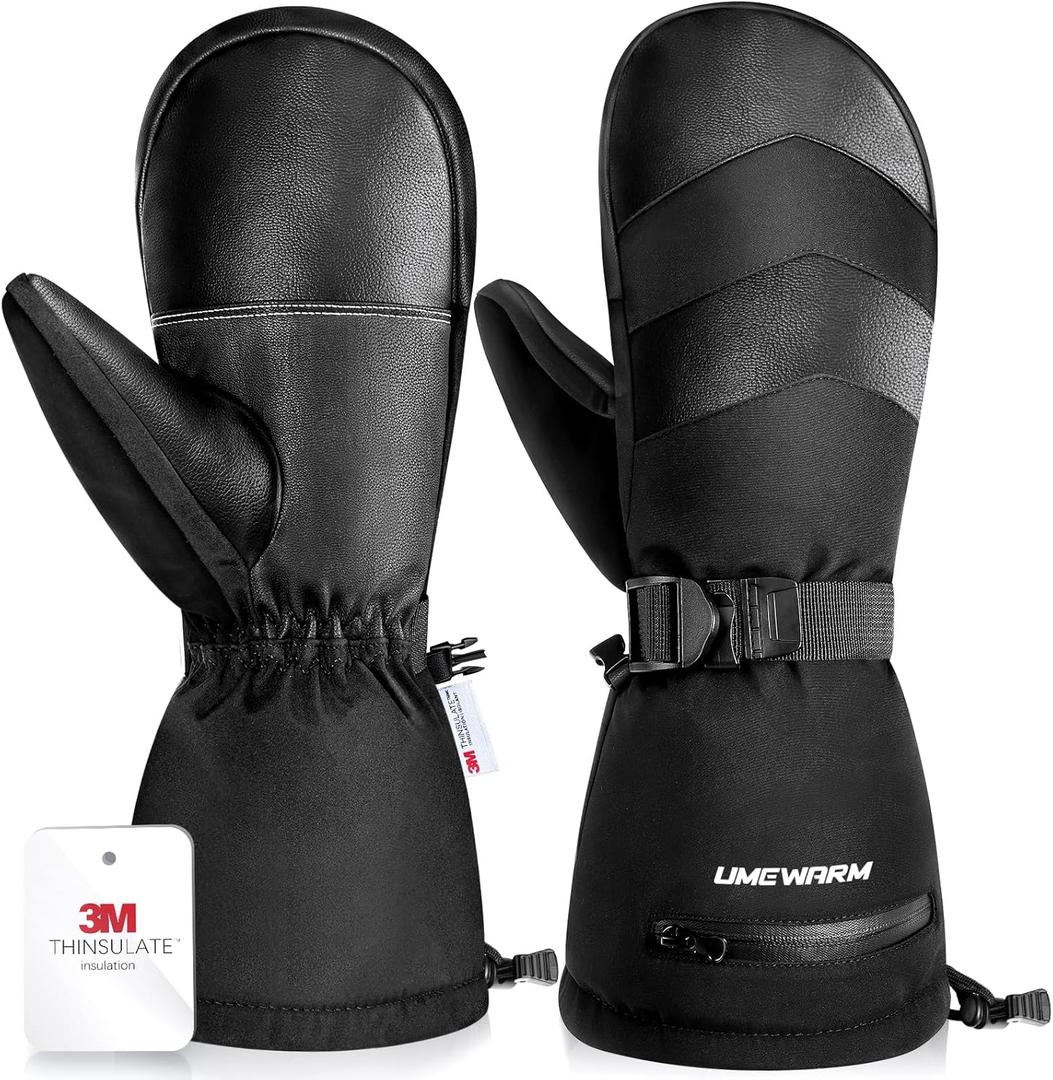 UMEWARM -10F Winter Ski Mittens for Men & Women Made with 3M C100 Insulation, Double Waterproof Winter Ski Gloves, 2X Warmer Snowboard Mittens with 5-Layer Fabric (Black)
