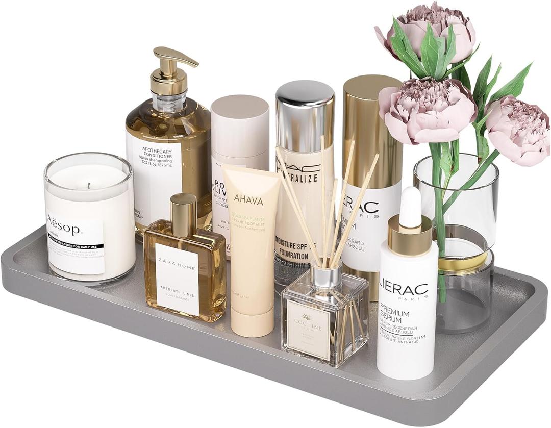 Weenson Bathroom Vanity Tray for Perfume Makeup Jewelry Decor Candle, Bamboo Kitchen Tray for Soap Dispenser Spice, Coffee, Toilet Tank Tray Nightstand Silver 11.81L x 6.1W x 0.79H