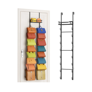 SWTYMIKI Over The Door Purse Organizer - Wall Mounted Purse Rack with 16 Hooks and Metal Basket, Hanging Handbag Storage Organizer Holds up to 16 Bags, Bag Rack Can Use As 1/2 Part, for Door, Closet