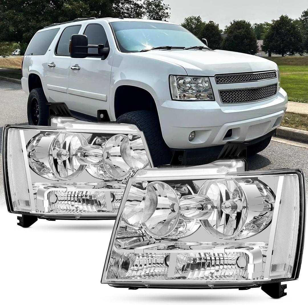 Headlight Assembly For 2007-2014 Chevy Tahoe 07-13 Chevy Avalanche Suburban 1500 2500 Head light , Replacement Head Lamp Set with Chrome Housing Clear Reflector