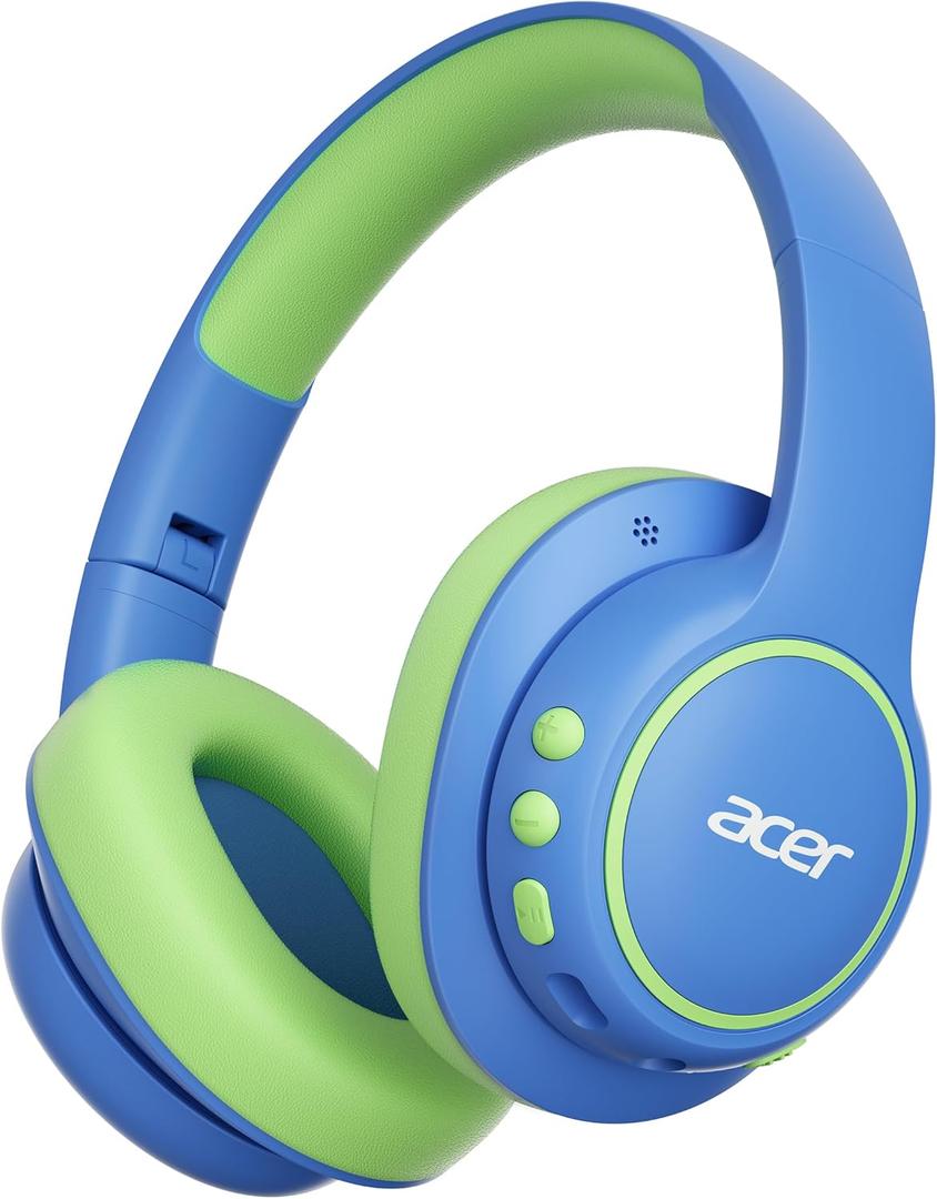 acer Kids Bluetooth Headphones, Over Ear Headphone for Kids with Mic, 75H Playtime, 85dBA Safe Volume, Bluetooth 6.0, USB C Fast Charging, Toddler Headphones for iPad/Tablet/Travel/School-Blue Green