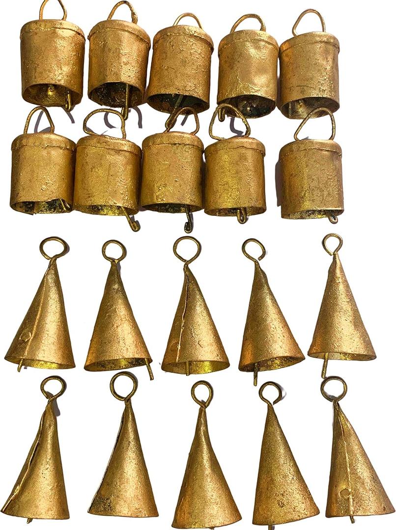 Vintage Indian Tin Bells Rustic Chime Vintage Jingle Bell Cow Bells Christmas Tree Crafts Decoration lot 20 Pc (Gold)