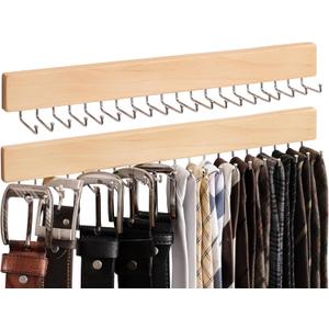 StorageWorks Tie Rack with 20 Hooks, 2-Pack Wall-Mounted Wooden Hangers for Neckties, Belts, Hats, Natural Wood Color