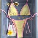 MakeMeChic Women's Floral Triangle Thong Bikini Sets Halter Gingham Swimsuit Bathing Suit (Yellow, S)