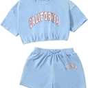 SHENHE Girl's Short Sleeve Letter Graphic 2Pcs Crop Top and Track Shorts Set, 11-12Y
