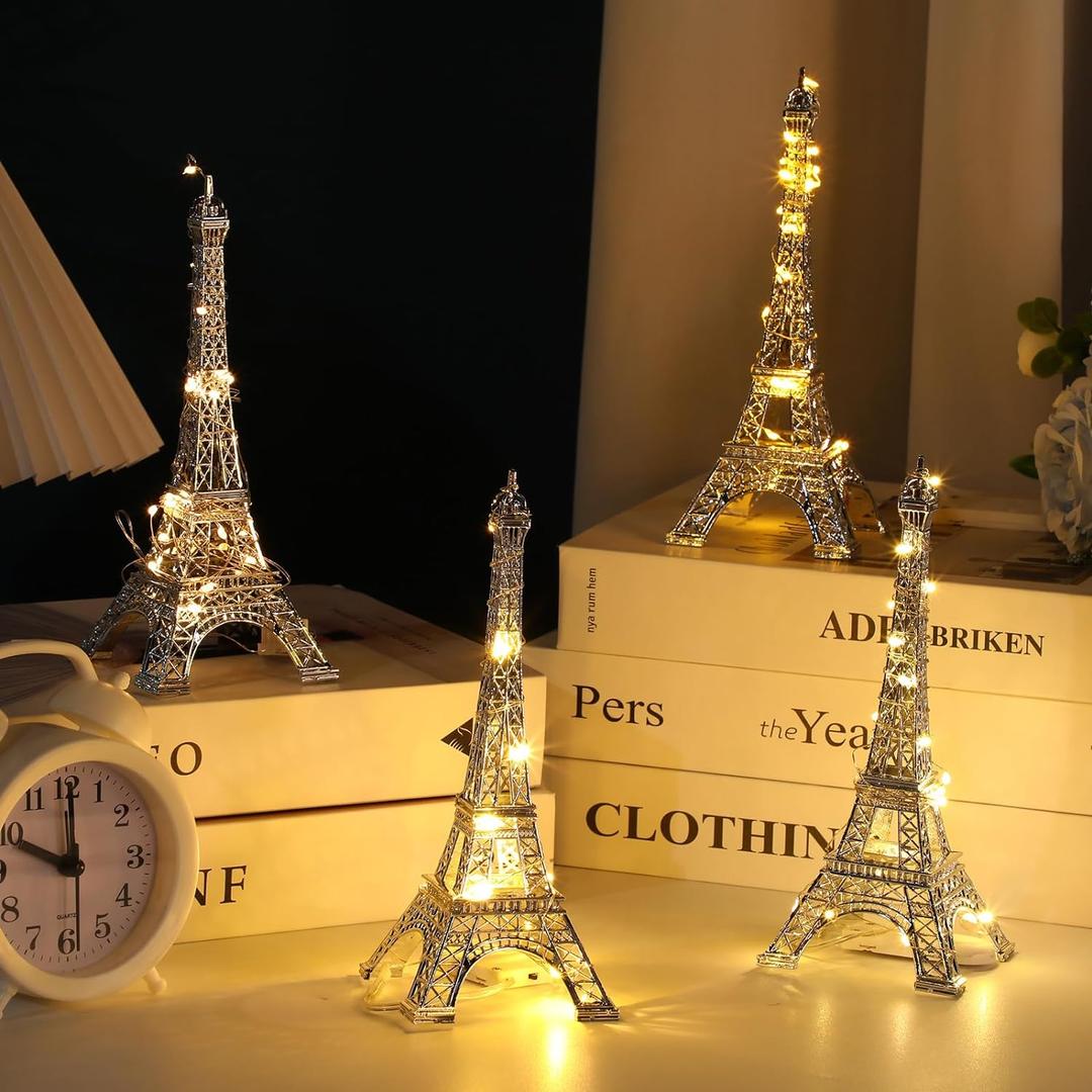Therwen 4 Pcs Eiffel Tower Statue Decor Metal Paris France Eiffel Tower Model Figurine Paris Craft Art Statue Model Desk Room Decoration Gift for Party Table(7 Inch,Silver)