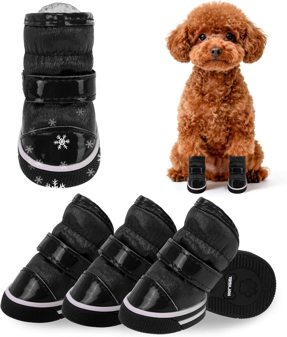 SCENEREAL Fleece Dog Shoes For Winter, Dog Boots & Paw Protectors, Warm Puppy Snow Booties For Small Medium Sized Dogs, Anti-Slip Rubber Sole PU Waterproof Boots For Outdoor Walking, Black Size 4 (Size 4: Fit For Paw Width 1.05-1.25")