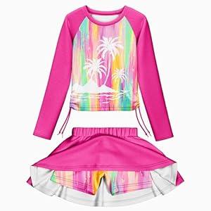 LQSZ Girls Rash Guard Swimsuit Long Sleeve Bathing Suit 2 Pieces with Shorts Swimwear for 3-12Y, 140