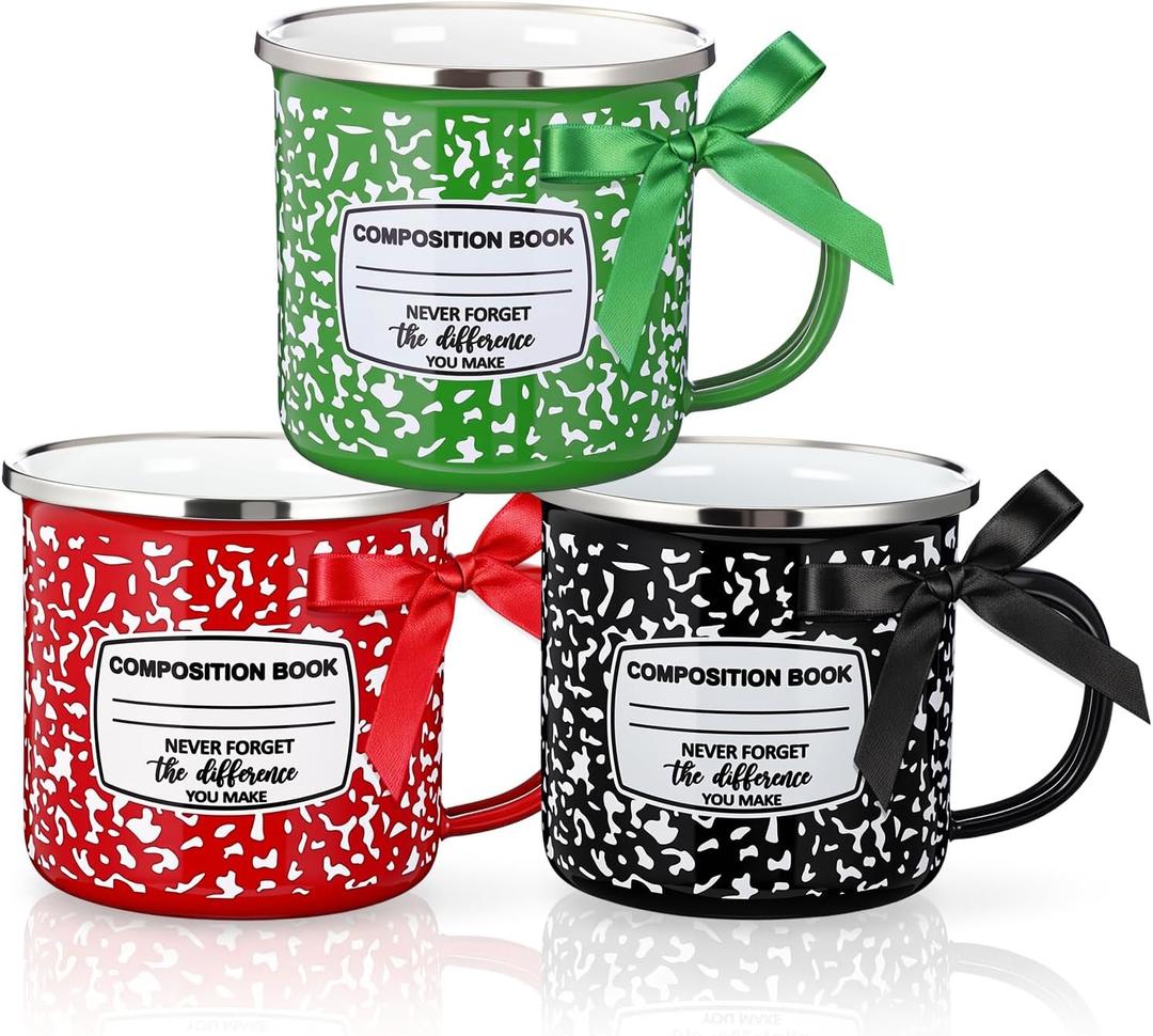 Potchen 3 Pcs Teacher Appreciation Gifts 12oz Composition Book Motivational Enamel Mugs Camping Metal Cup with Handle Thank You End of Year Graduation Gift for Teacher Office (Black,Red,Green)