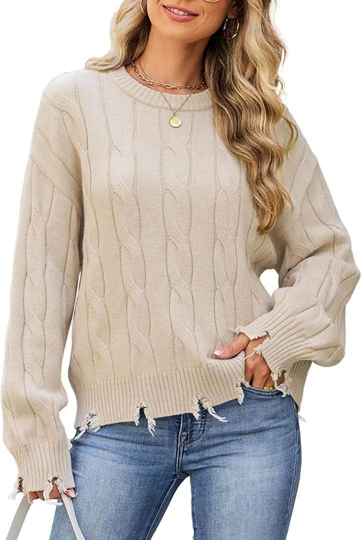 Women's Distressed Cable Knit Sweaters 2025 Oversized Casual Pullover Tops (Beige, M)