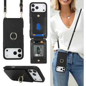 for iPhone 17 Pro Case with Card Holder and Strap for Women,Crossbody Lanyard,Ring Stand,Snap Clasp,Cute Phone Wallet Cases 6.3 inch (Black)