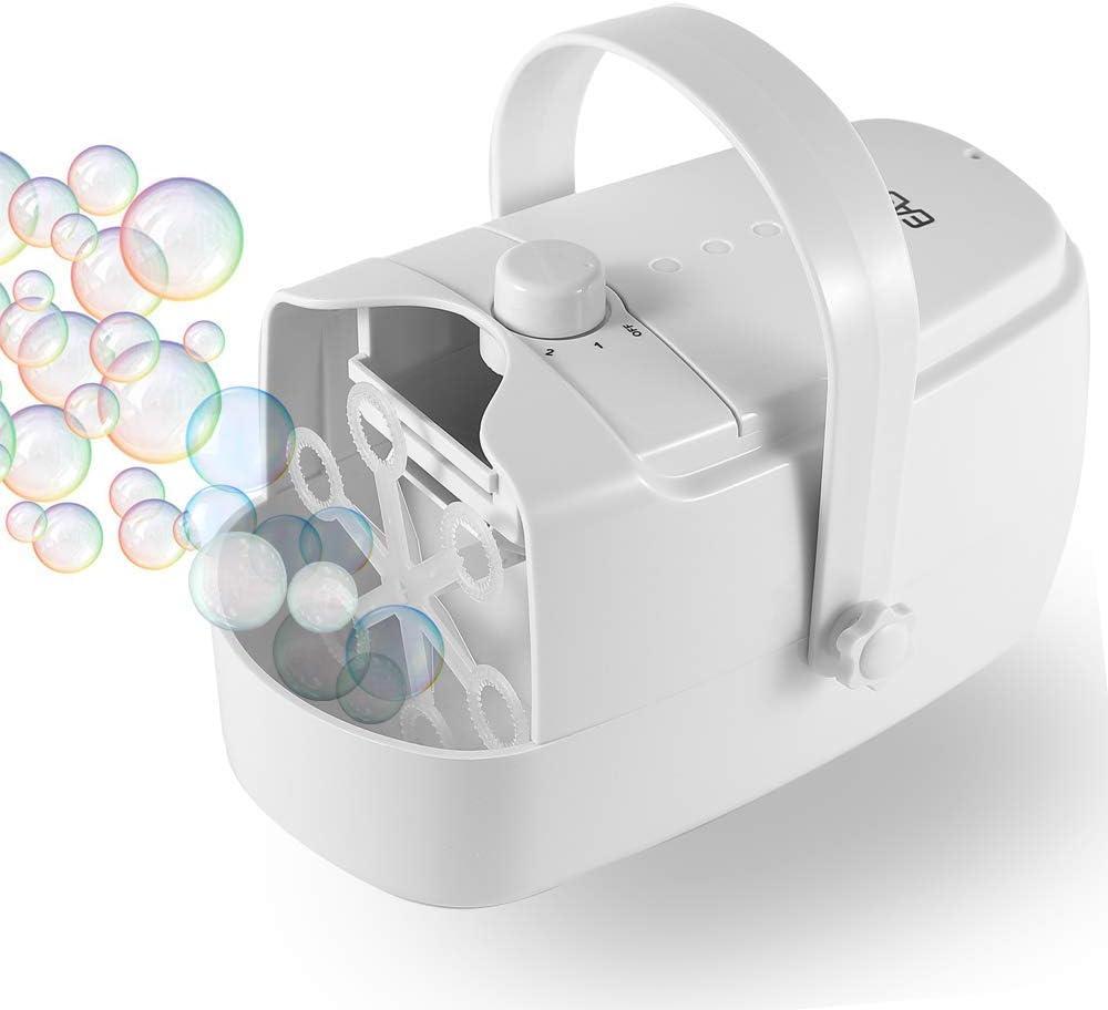 Bubble Machine, Automatic Bubble Blower Machine, Portable Bubble Maker for Outdoor and Indoor Use, Powered by Plug-in or Batteries with Two Speed Modes (White)