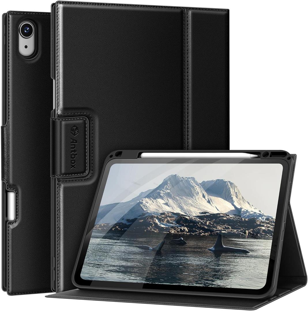 Antbox Case for iPad Air 11-inch M3 (2025) / M2 (2024), iPad Air 5th/4th Generation 10.9'' Vegan Leather with Pencil Holder Typing Angle Auto Sleep/Wake Muti-Stand (Black)