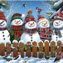 Winter Snowmen Christmas Jigsaw Puzzle 1000 Pieces for Adults Festive Holiday Scene with Birds & Snowy Fence Puzzle with Letters on Back Family Challenge Perfect for Game Night (27.6x19.7 Inch
