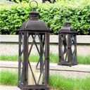Perfnique Farmhouse Outdoor Lanterns for Patio, Set of 2 Rustic Lanterns Decor, Vintage Hanging Candle Holder Decorative for Porch, Garden, Yard, Indoor (No Glass, Dark Brown)