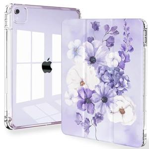 Feams for iPad Air 13 Inch Case M4 2026/M3 2025/M2 2024, Slim iPad Pro 12.9 Inch 6th/5th/4th Generation 2022/2021/2020 Case Clear Back Cover with Auto Sleep & Pencil Holder, Purple Bouquet