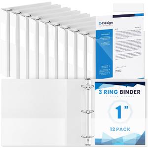 Henoyso 12 Pcs 3 Ring 1 Inch Binders Fits 8.5 x 11 Inch Letter Size Paper, Plastic White Flexible Binders with View Cover and 2 Pockets, 175 Sheets Capacity for Office School