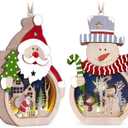 OurWarm 2 Pcs Wooden Christmas Ornaments, LED Light Wooden Hanging Ornaments Santa Claus Snowman Ornaments for Christmas Tree, Table, Hotel Window Display, Crafts Gifts for Xmas Party Decor